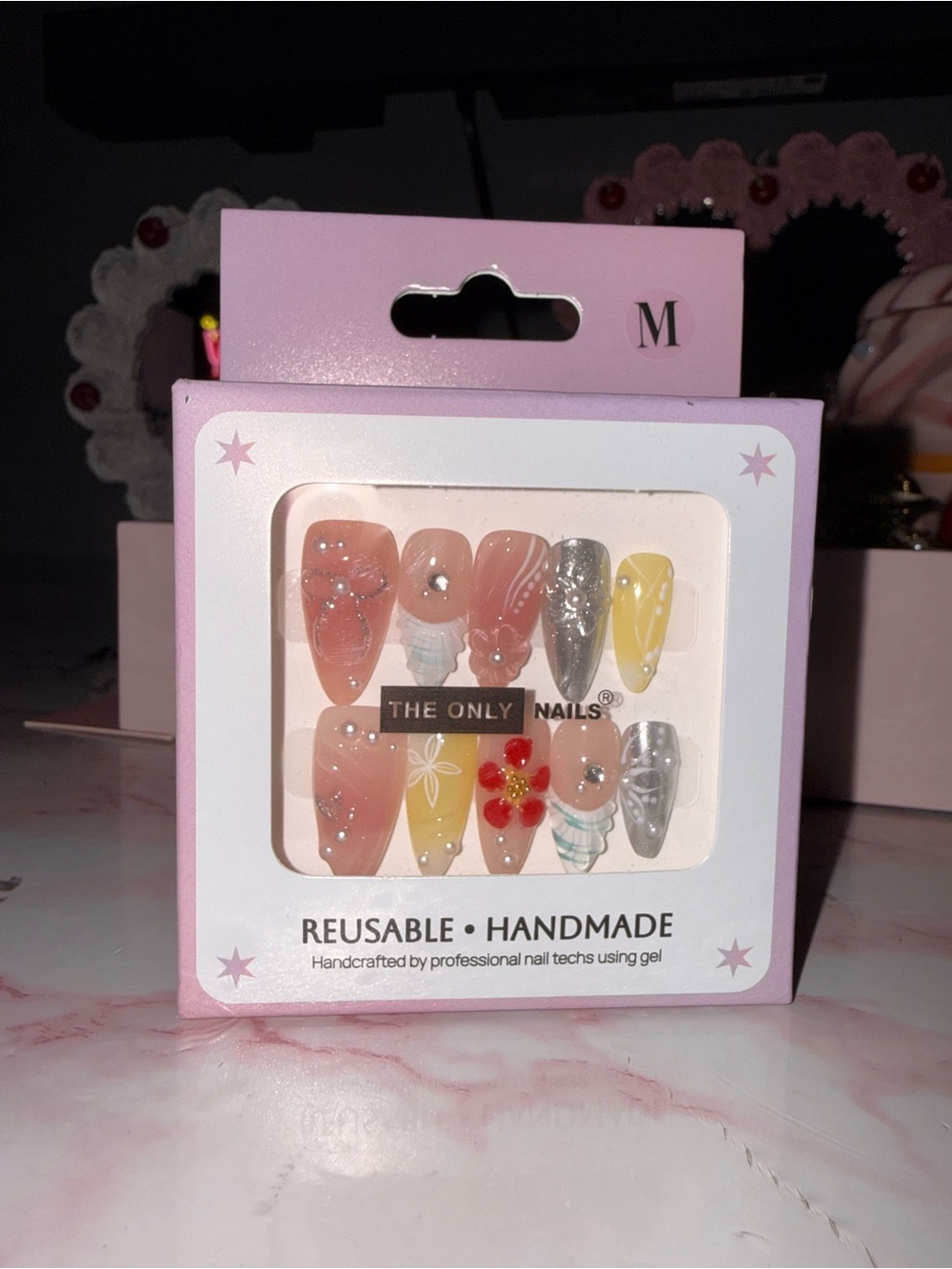 The Only Nails Handmade Reusable Press-On Nail Set in Peach, Yellow & Silver